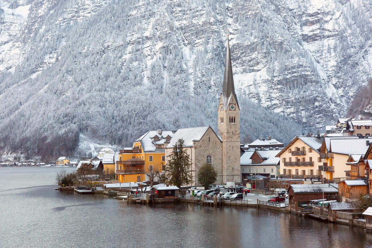 Panoramic View Of Hallstatt, An Alpine Town In Austria